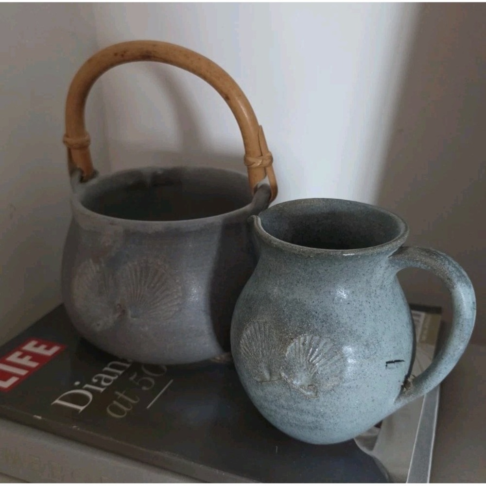 2 Studio Pottery Basket Seashell Stoneware Clay Bamboo Rattan & Pitcher Coastal